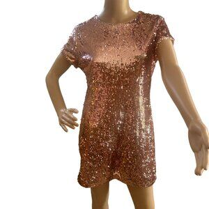 NWOT Rose Gold short sleeve sequin mini swing shift dress; SZ M; Nude Lining